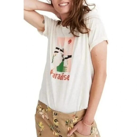 Madewell Paradise Parrots Ivory White Graphic Short Sleeve T-Shirt S - Picture 1 of 4